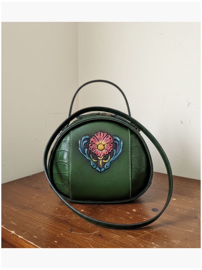Genuine Leather Crossbody Bag With Hand-Embossed Flower - Small Structured Purse
